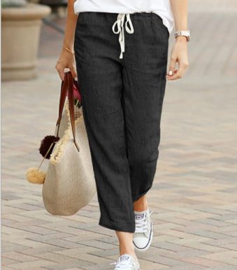 2023-Autumn-Cotton-Linen-Women-s-Pants-Black-Drawstring-Elastic-Waist-Casual-Pants-Female-Loose-Fashion-1