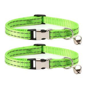 2 PCS Night Reflective Nylon Cat Collar With Bell, No Carving Grass Green, No Carving Black, No Carving Rose Red, No Carving Green, No Carving Sky Blue, No Carving Purple