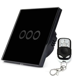 86mm 3 Gang Tempered Glass Panel Wall Switch Smart Home Light Touch Switch with RF433 Remote Controller, AC 110V-240V, 86mm 3 Gang/Black