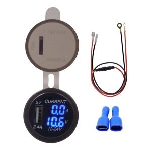 Universal Car Single Port USB Charger Power Outlet Adapter 2.4A 5V IP66 with LED Digital Voltmeter + Ammeter + 60cm Cable, 2.4A Voltmeter + Ammeter + 60cm Cable (Blue Light), 2.4A Voltmeter + Ammeter + 60cm Cable (Red Light)