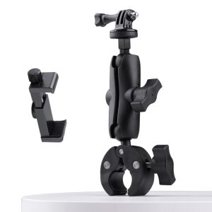 Extended Version 360 Rotation Adjustable Action Camera Bike Motorcycle Handlebar Holder with Phone Clamp, Extended Version with Phone Clamp