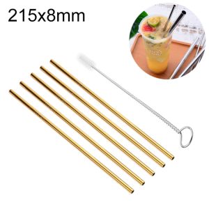 5pcs Reusable Stainless Steel Straight Drinking Straw + Cleaner Brush Set Kit,  215*8mm, 215*8mm (Straight)