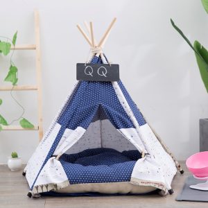 Cotton Canvas Pet Tent Cat and Dog Bed with Cushion, Small 40×40×50cm, Large 60×60×70cm